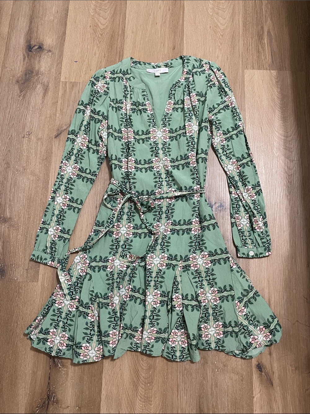 LOFT Green Floral Long-Sleeve Tie-Waist Dress with Ruffle Hem